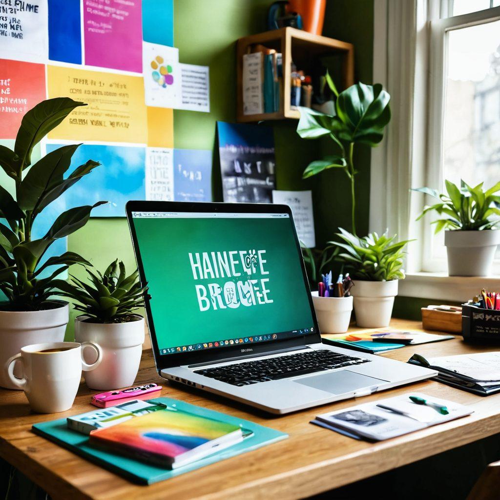 A vibrant workspace brimming with colorful art supplies, an open laptop displaying a lively blog, and a steaming cup of coffee. Surrounding elements include inspirational quotes on the walls, a plant adding a touch of green, and bright sunlight streaming through the window. The scene captures the essence of creativity and collaboration in the blogging community. super-realistic. vibrant colors. cozy atmosphere.