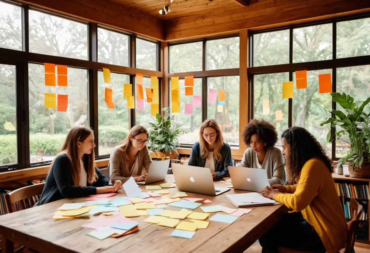 A diverse group of bloggers of different ages and ethnicities gathered around a large wooden table, passionately discussing ideas and sharing laptops with vibrant sticky notes spread out. In the background, a cozy library filled with books and plants gives a warm atmosphere, while light streams in through large windows. The scene embodies collaboration and creativity, symbolizing community in blogging. super-realistic. warm colors. cozy atmosphere.