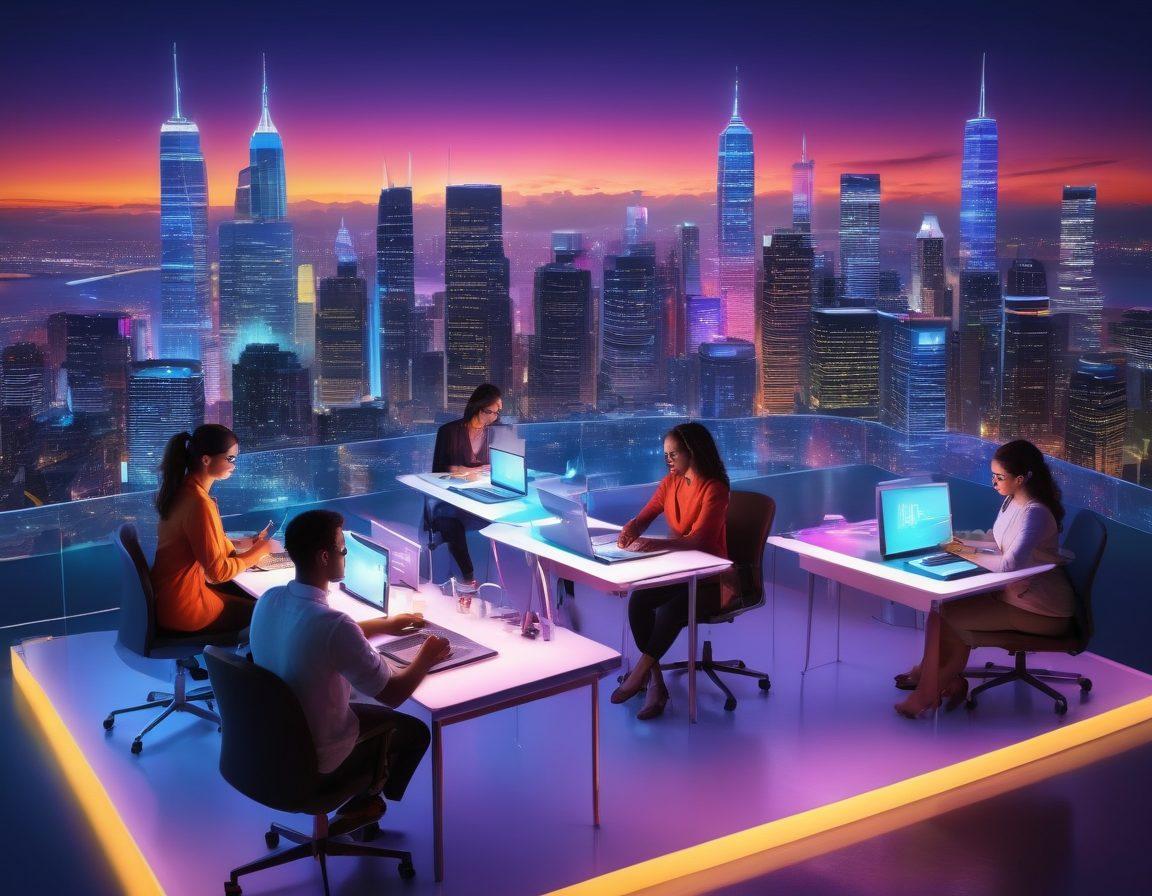 A dynamic scene depicting a diverse group of bloggers passionately writing at illuminated desks, surrounded by floating digital elements symbolizing ideas and engagement, with a vibrant city skyline in the background representing the online world. Bright colors and creative energy should radiate from the setting, showcasing the power of voice in the digital landscape. super-realistic. vibrant colors. 3D.